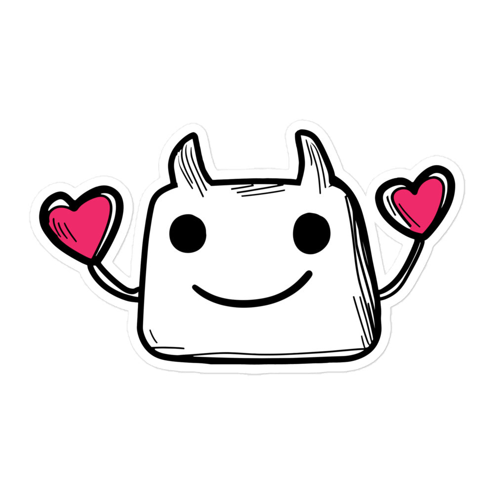 Cartoon character with black hair, heart-shaped hands, and a happy expression on a white background