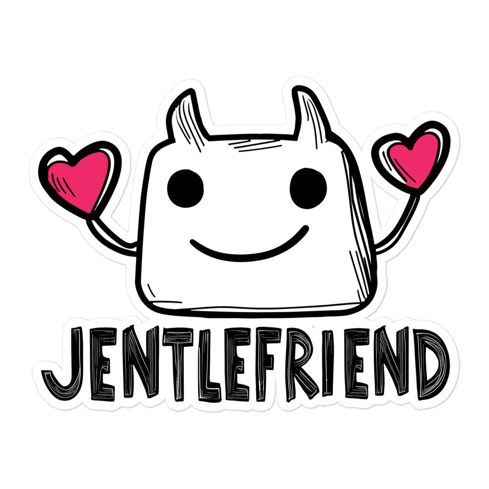 Cartoon character with hearts and the text 'Jentlefriend' on a white background