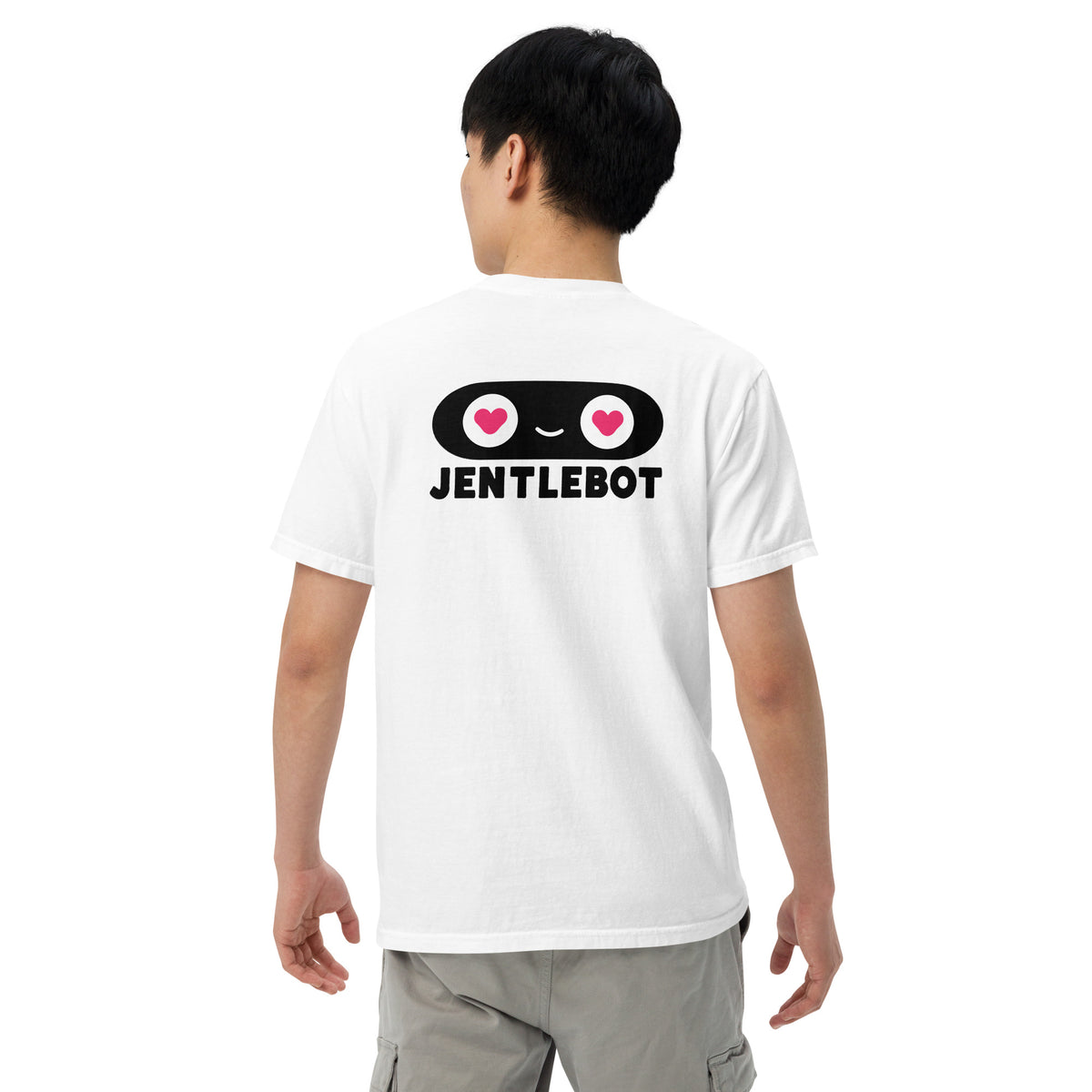 Person wearing a white t-shirt with 'JENTLEBOT' design on the back