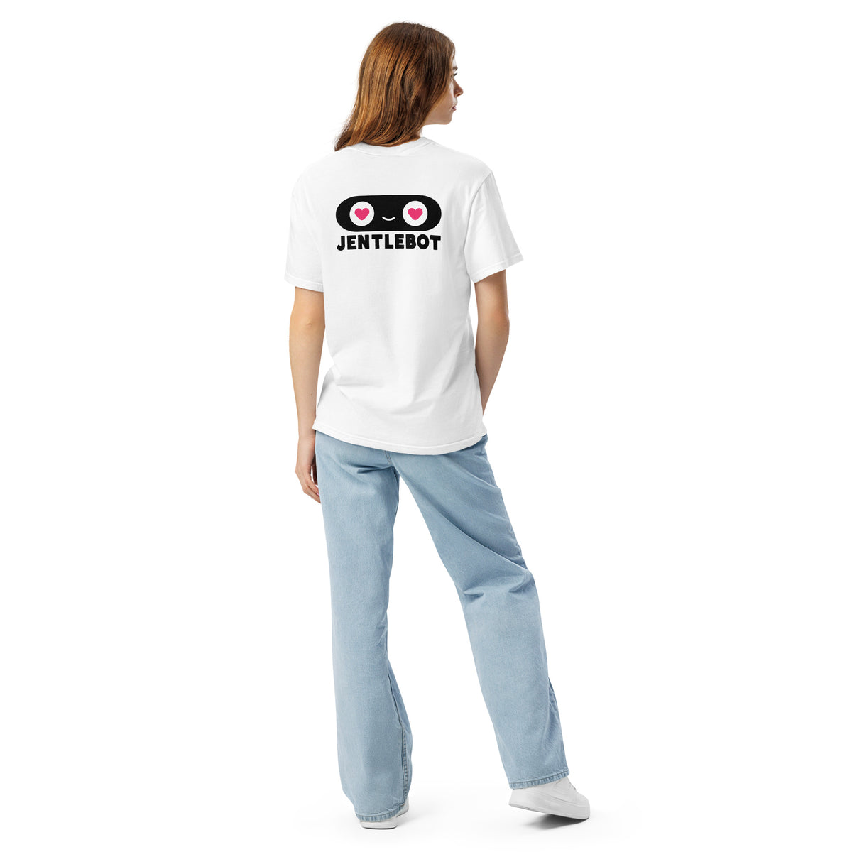 Person wearing a white t-shirt with 'Jentlebot' design on the back, standing against a white background.
