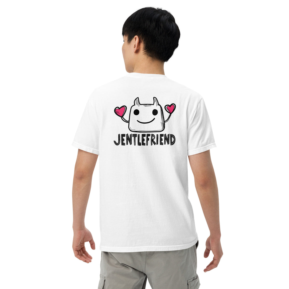 Person wearing a white t-shirt with text and design on the back, standing against a white background
