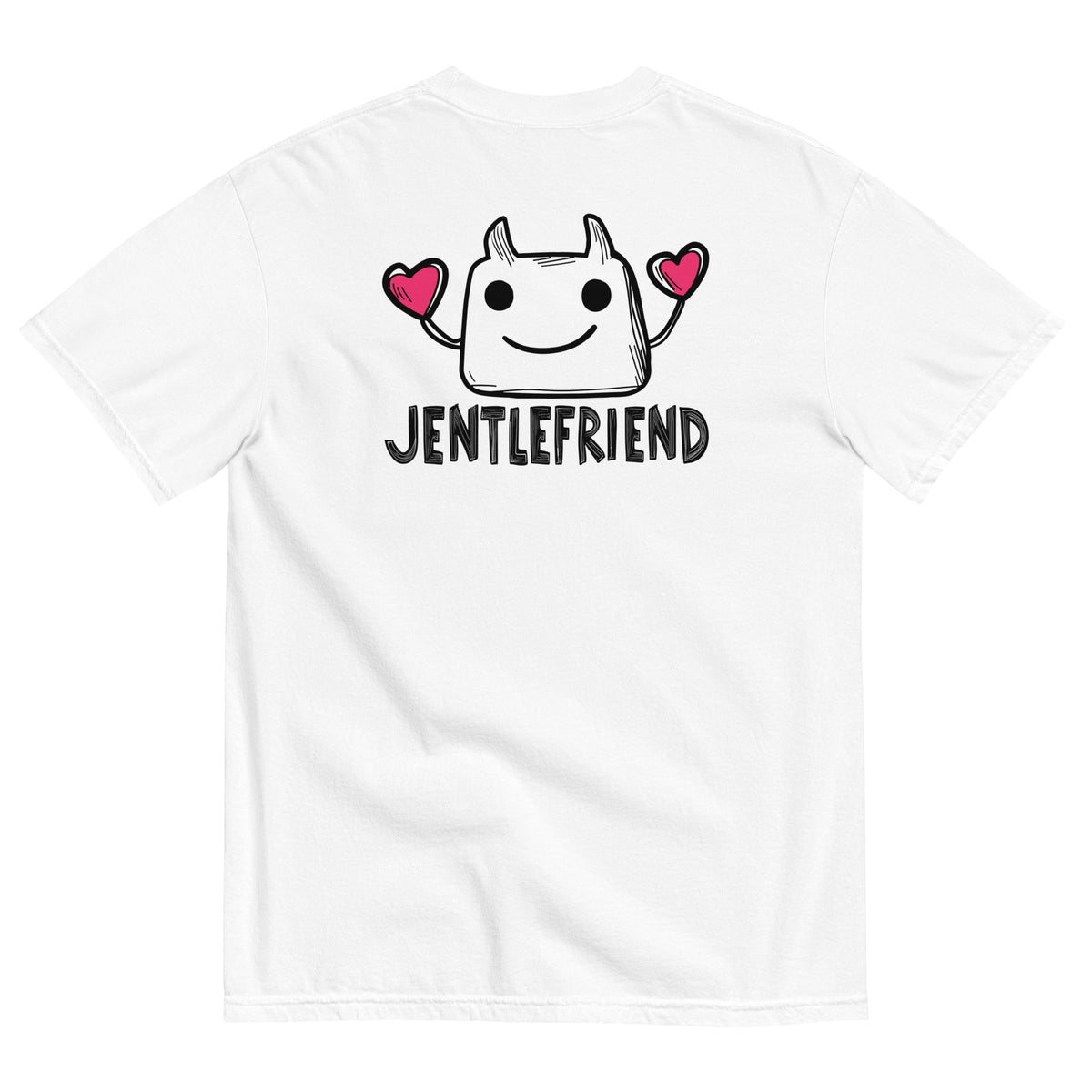 White t-shirt with cartoon character and 'Jentlefriend' text on a white background