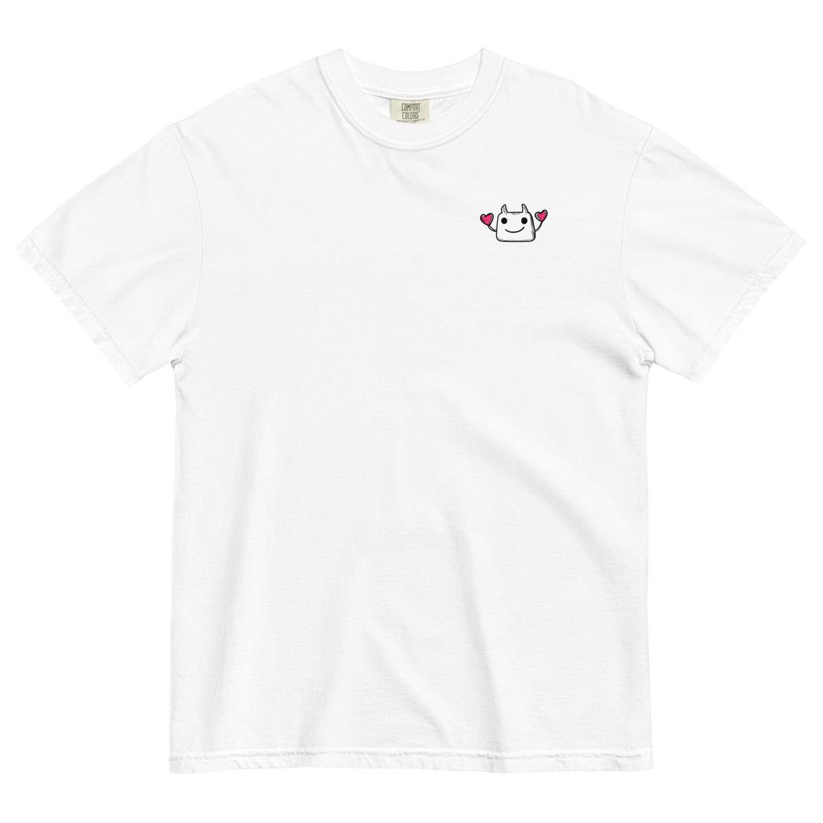 White t-shirt with a small logo on a white background