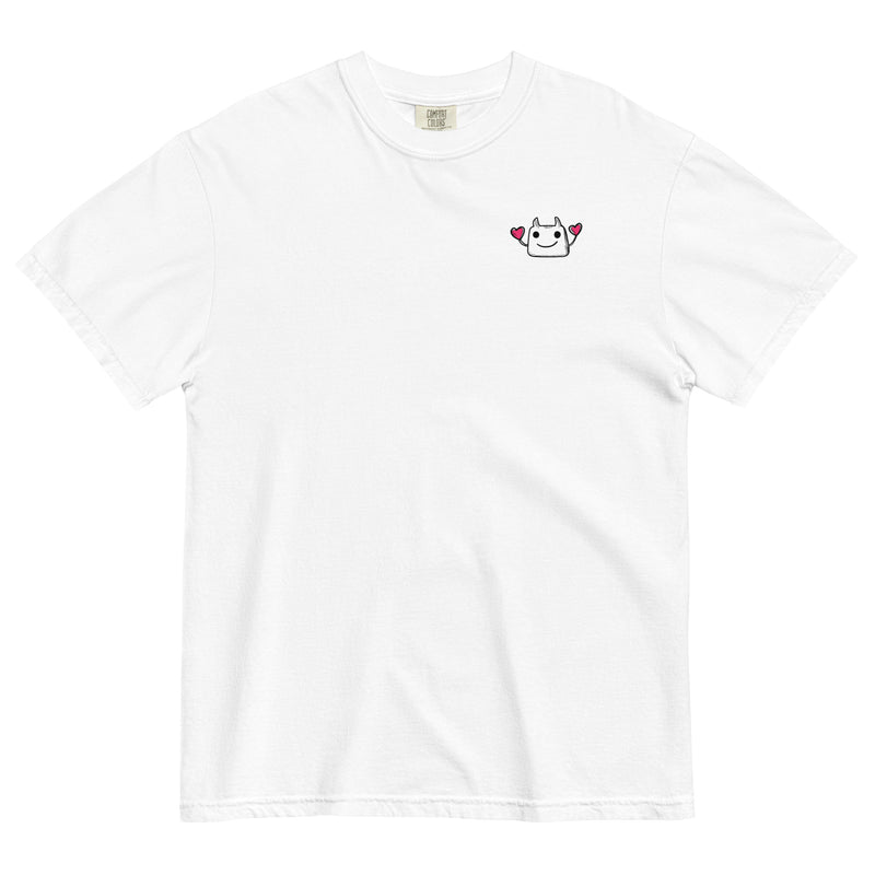 White t-shirt with a small logo on a white background