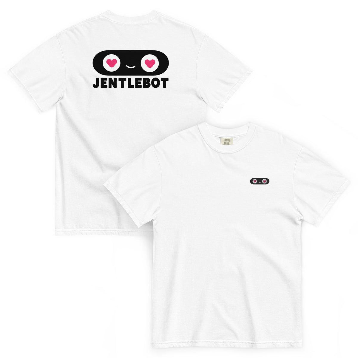 Two white t-shirts with 'Jentlebot' logo on a white background